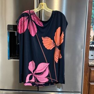 Chico's Navy Blue Top with Pink and Orange Floral Design XL/Size 3
